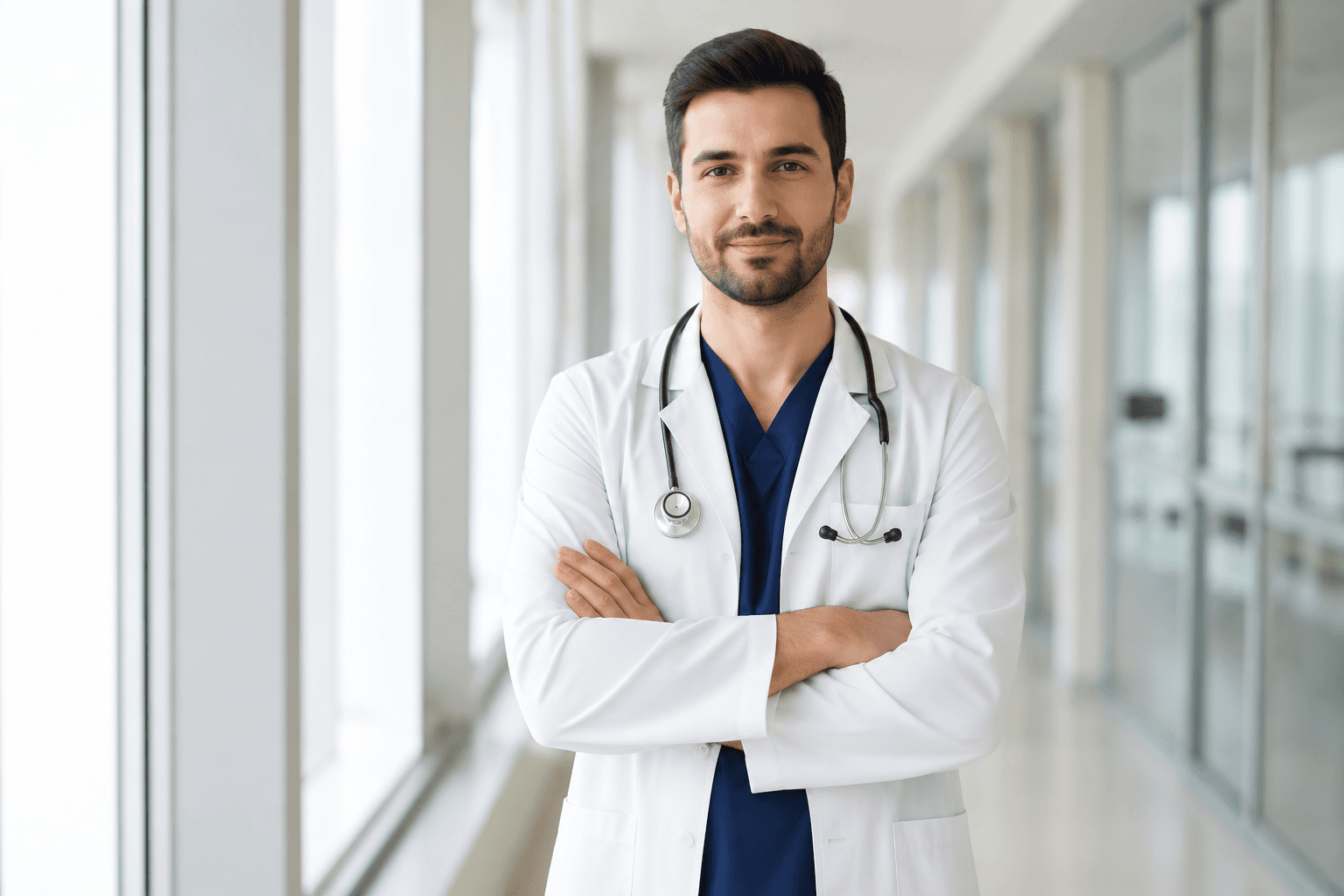 Doctor standing in a modern clinic corridor